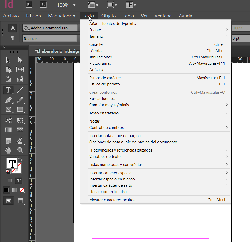 Pestaña texto de InDesign